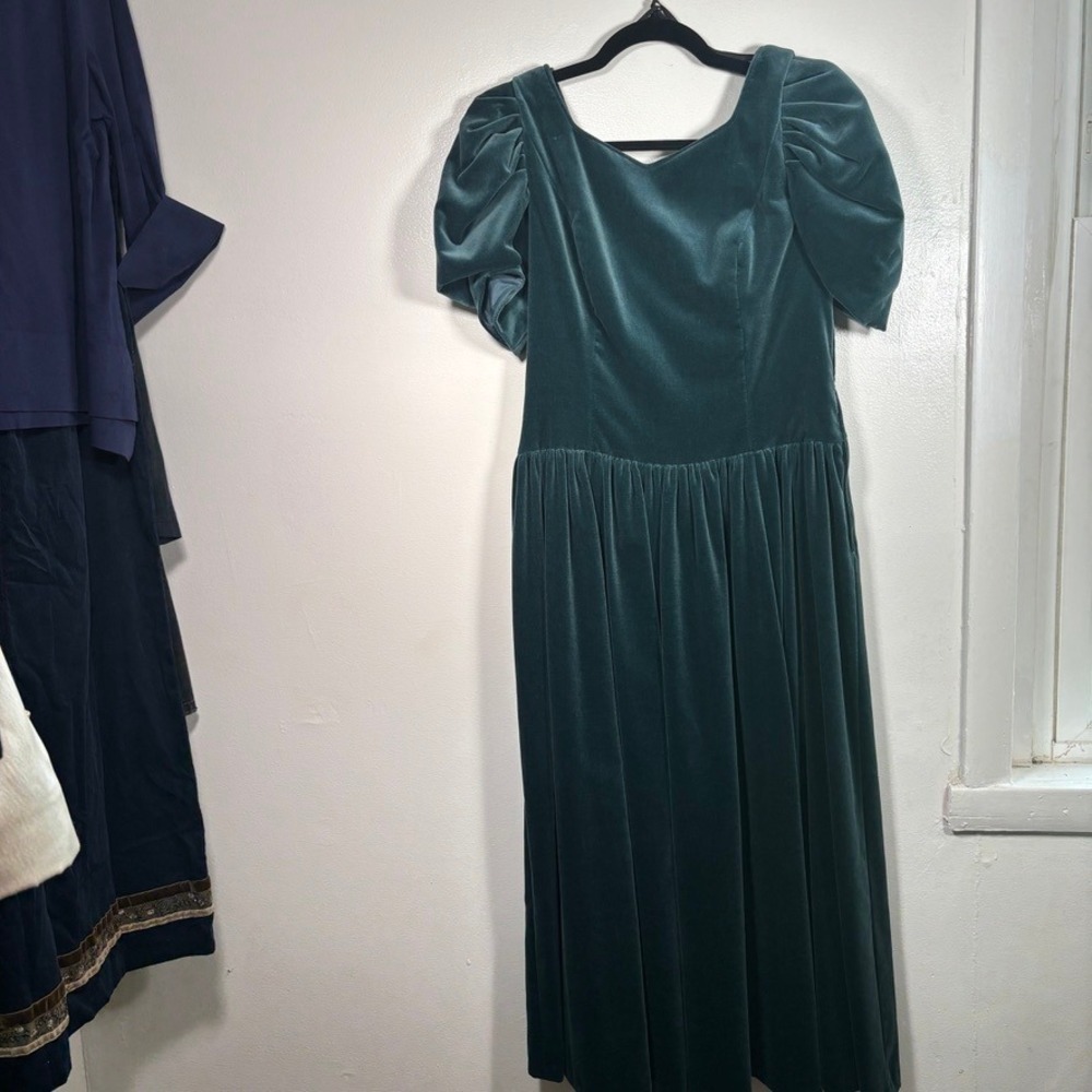 Vintage 90s Laura Ashley Dress Women Sz L Teal Velvet Puff Sleeve Bow Back Gown